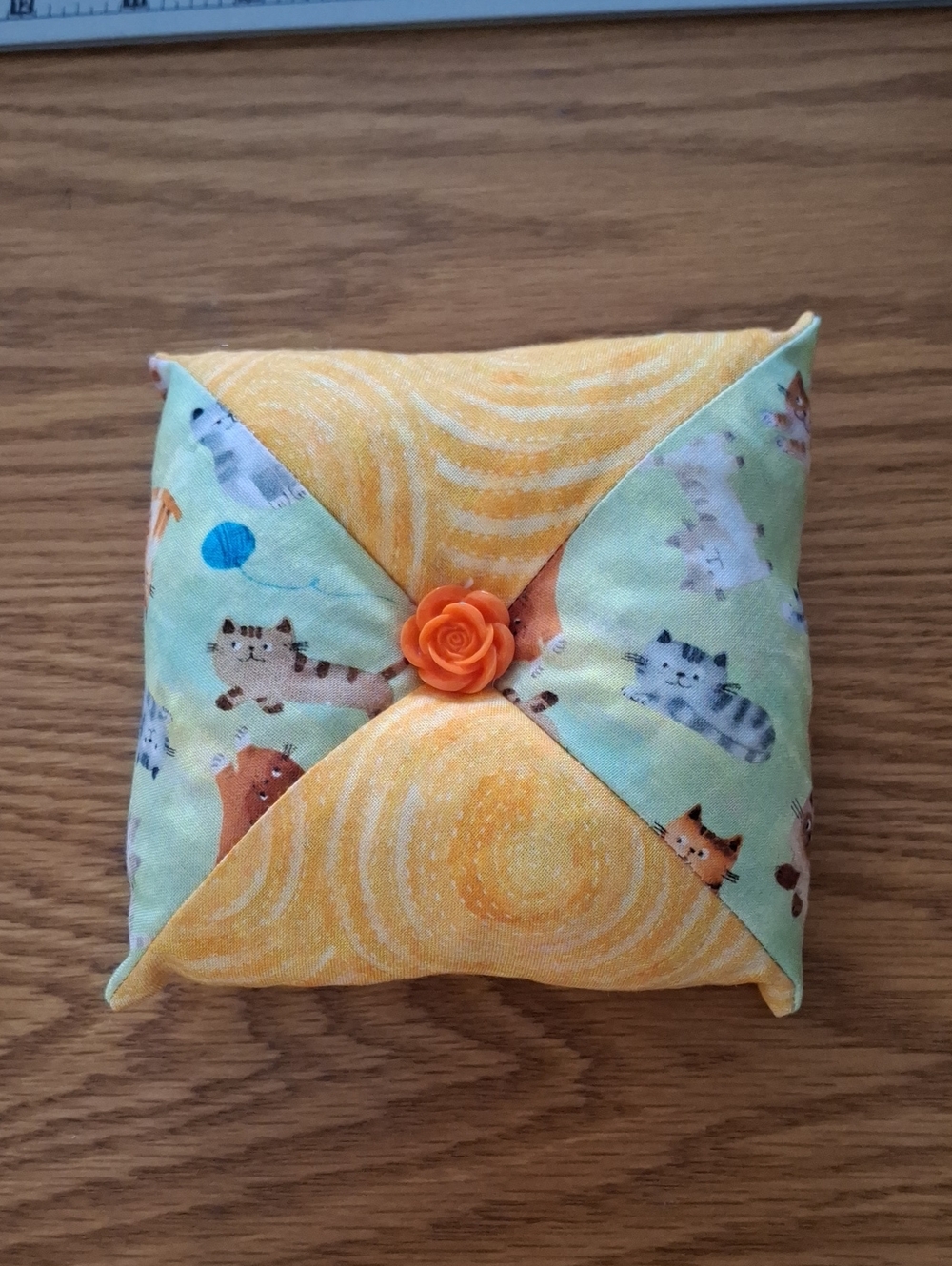 Handmade Cat Print Yellow Green Decorative Pin Cushion with Orange Flower